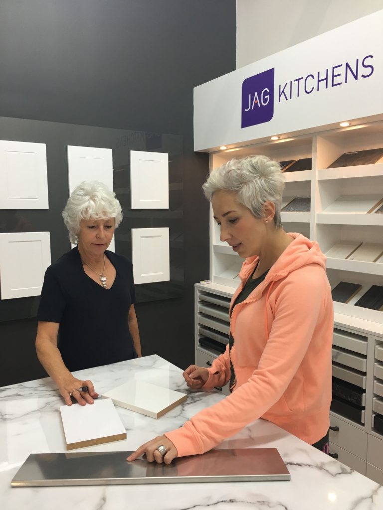 Jacquie Brown chooses her finishes at Jag Kitchens showroom